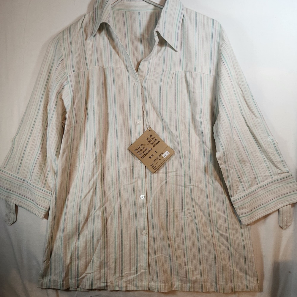 The Earth Collection Cotton Silk Striped Button Down Shirt Large